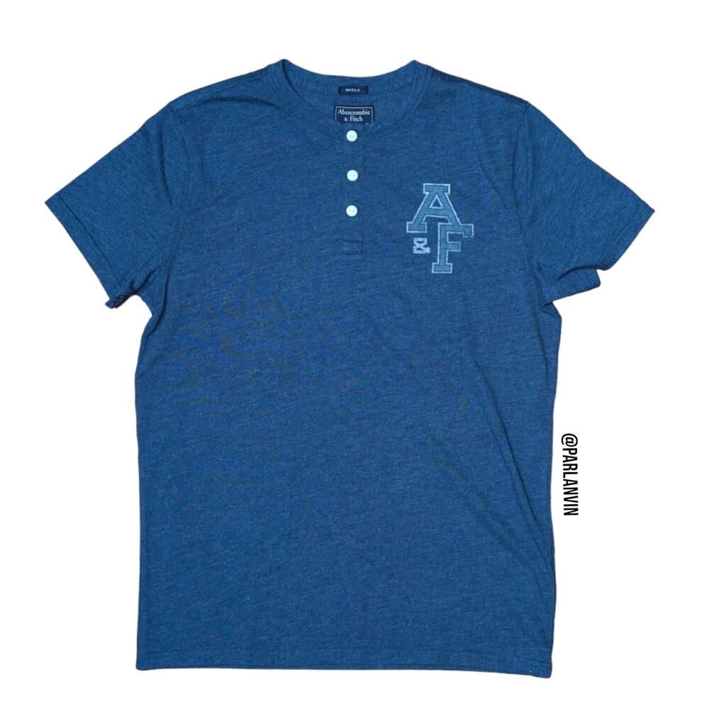 Abercrombie and Fitch Logo Henley Muscle Short Sleeve Tee Shirt Blue Size Medium